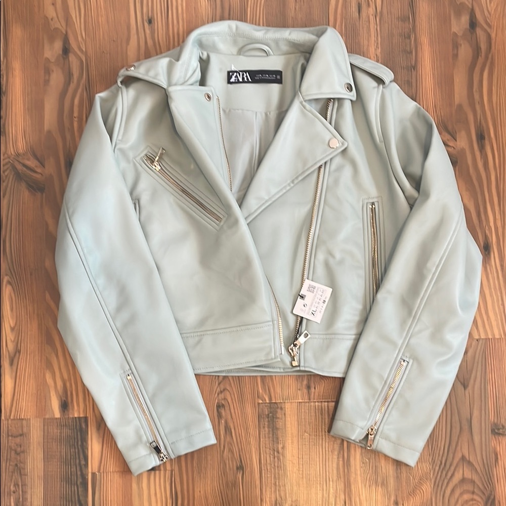 Zara Blue Leather Jacket Asymmetrical Design